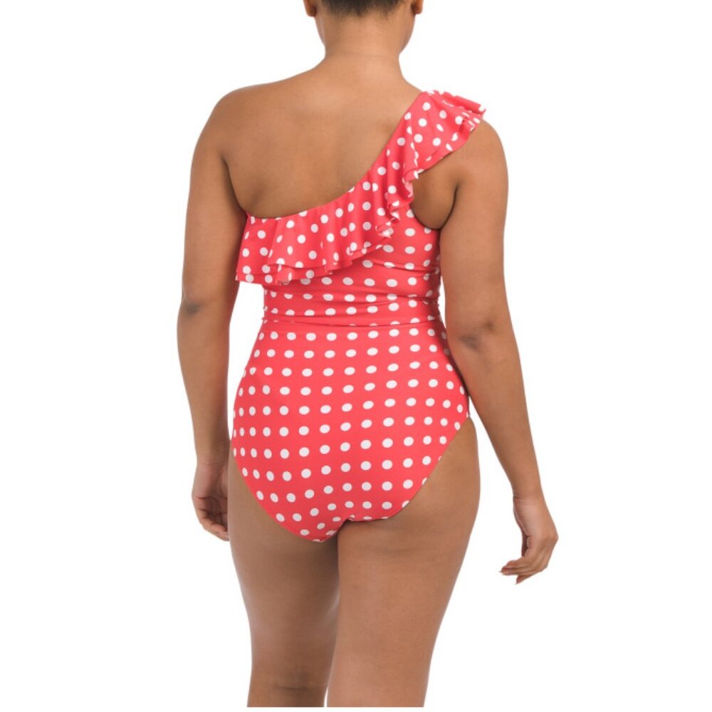 Carmen Marc Valvo Coral & White Polka Dot One-Piece Swimsuit - Picture 2 of 4